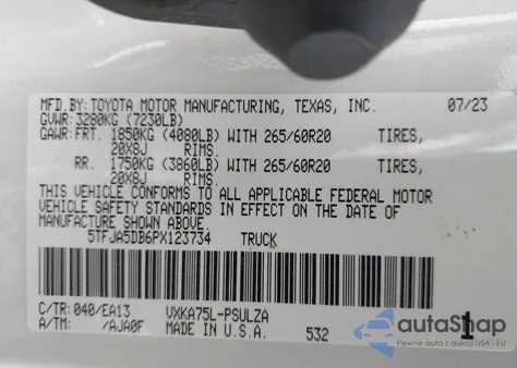 2023 Toyota Tundra Limited z USA, uszkodzony, nr VIN 5TFJA5DB6PX123734